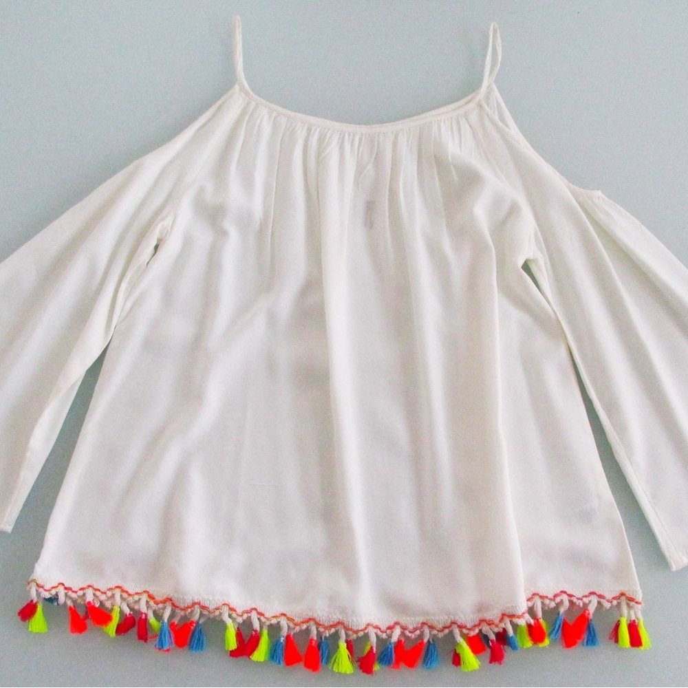 Boho Colorful Tassel Cold Shoulder Top